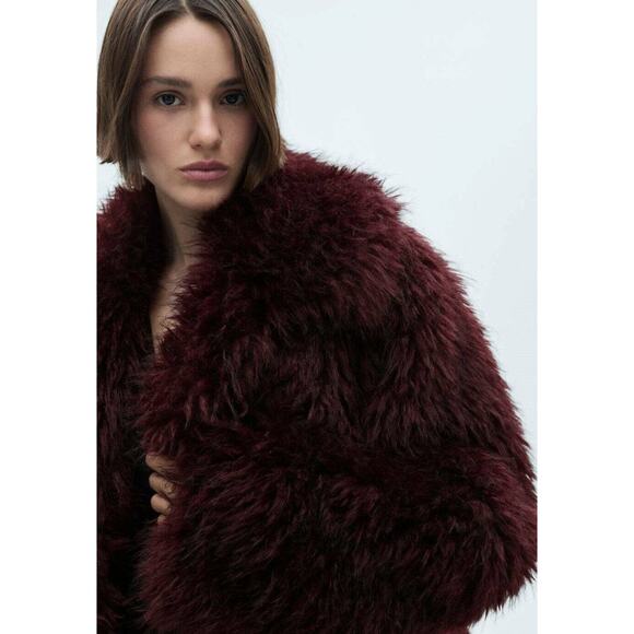 Mango Fur Jacket With Lapels - L - Burgundy - Picture 6 of 7